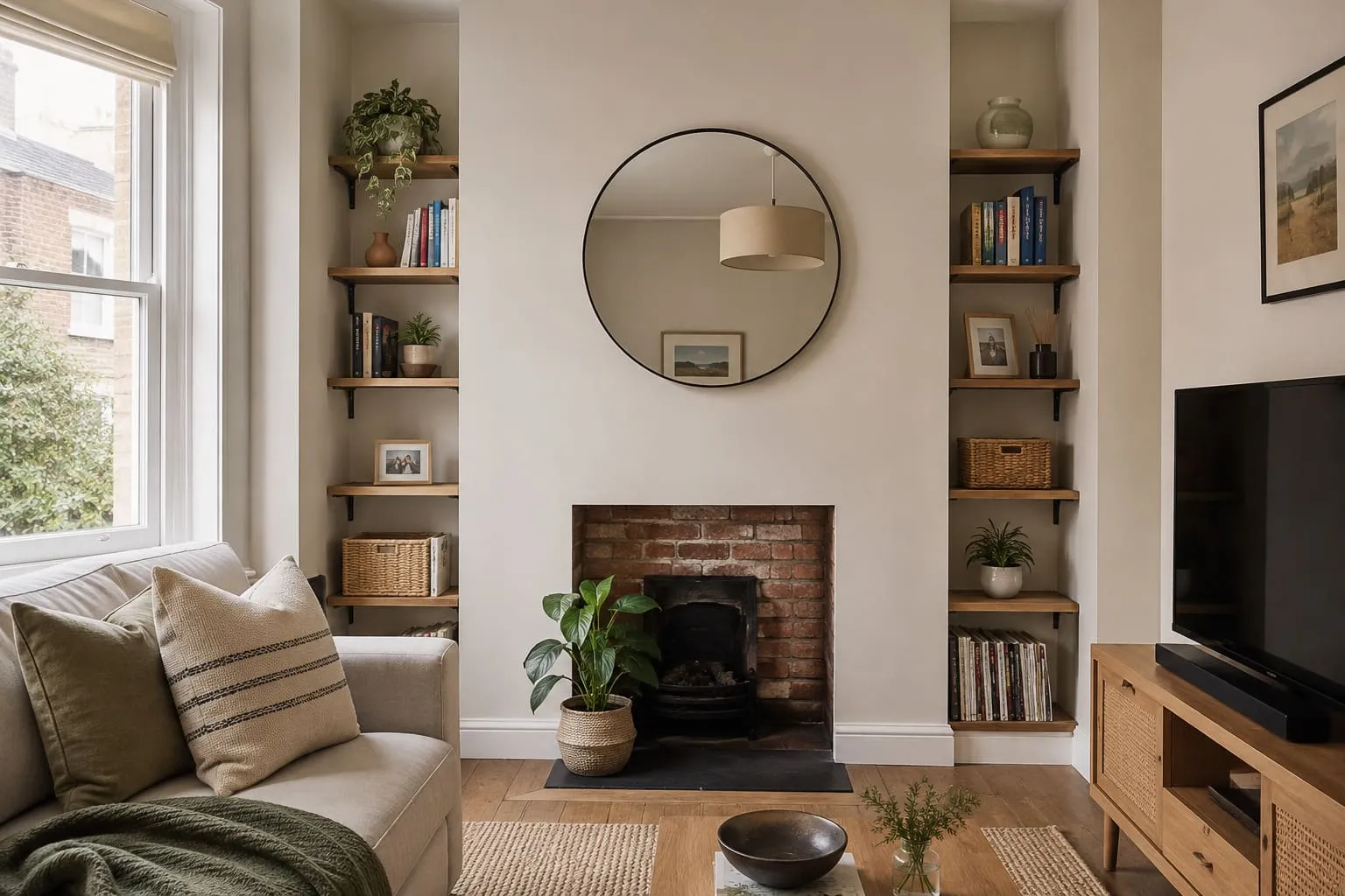 Narrow shelving fitted into a living room alcove beside a chimney breast
