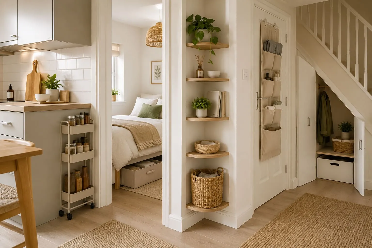 Slim trolley, over-door organiser and under-bed storage used in awkward spaces around a small flat