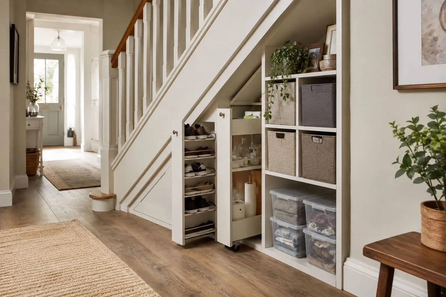 Practical storage fitted beneath a staircase in a small UK home